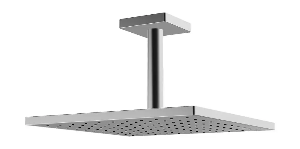 Kopfbrause von HANSA mit quadratischer Rosette, ausgestattet mit mehreren Düsen zur Wasserverteilung. Ausführung in Chrom. Förderhöhe in vertikaler Position.